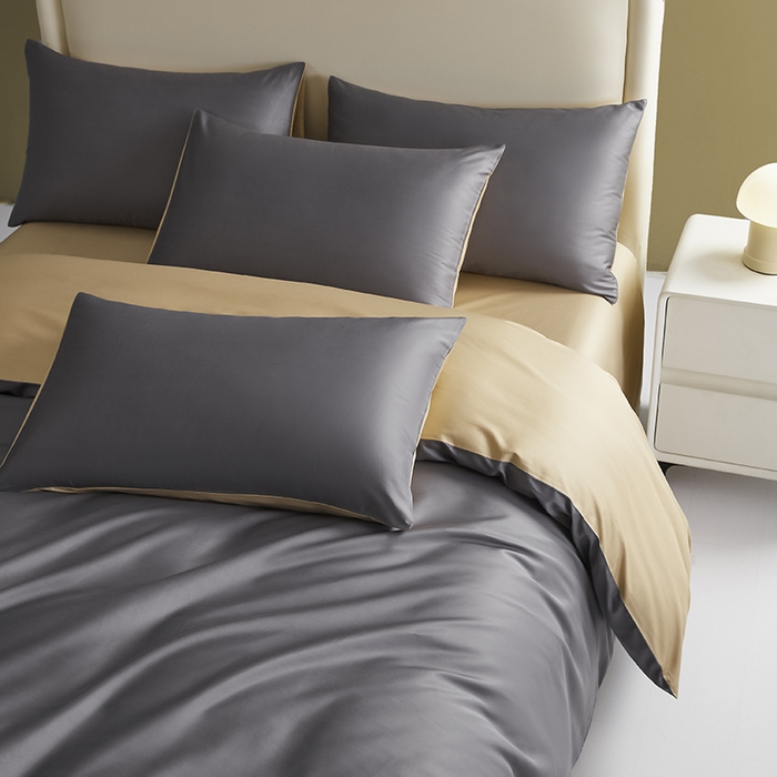 91家纺网 家纺一手货源 找家纺 洽想家 2025新款纯色双拼80支长绒棉四件套 帝都灰+香槟-