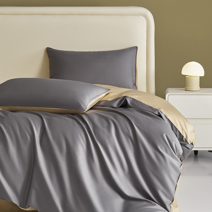 91家纺网 家纺一手货源 找家纺 洽想家 2025新款纯色双拼80支长绒棉四件套 帝都灰+香槟-