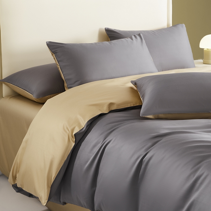 91家纺网 家纺一手货源 找家纺 洽想家 2025新款纯色双拼80支长绒棉四件套 帝都灰+香槟-