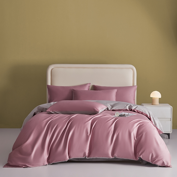 91家纺网 家纺一手货源 找家纺 洽想家 2025新款纯色双拼80支长绒棉四件套 豆沙紫+奥丁灰-