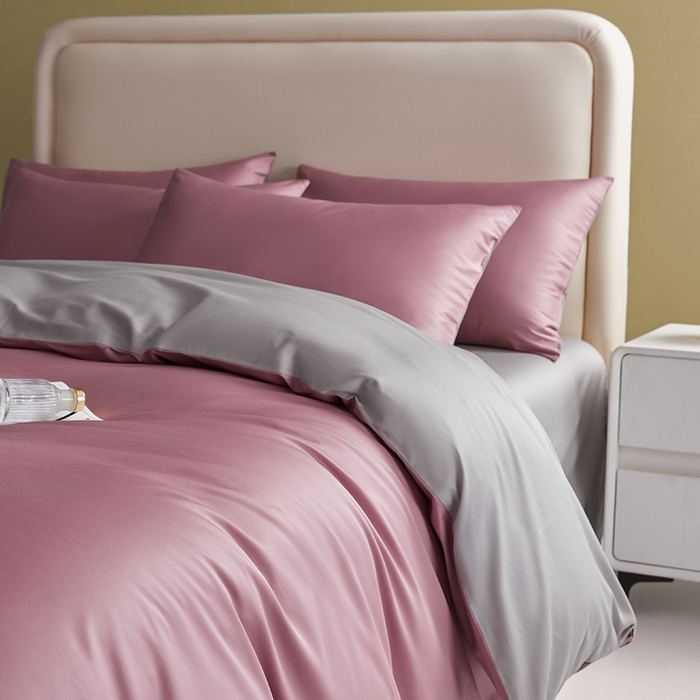 91家纺网 家纺一手货源 找家纺 洽想家 2025新款纯色双拼80支长绒棉四件套 豆沙紫+奥丁灰-