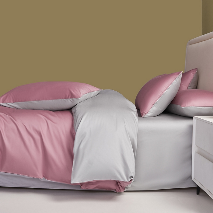 91家纺网 家纺一手货源 找家纺 洽想家 2025新款纯色双拼80支长绒棉四件套 豆沙紫+奥丁灰-