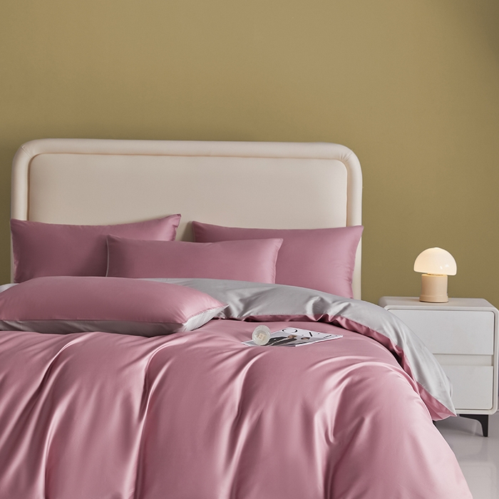 91家纺网 家纺一手货源 找家纺 洽想家 2025新款纯色双拼80支长绒棉四件套 豆沙紫+奥丁灰-