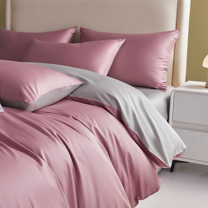 91家纺网 家纺一手货源 找家纺 洽想家 2025新款纯色双拼80支长绒棉四件套 豆沙紫+奥丁灰-