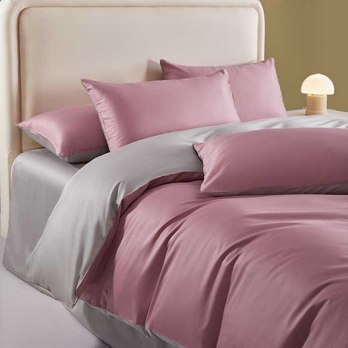 91家纺网 家纺一手货源 找家纺 洽想家 2025新款纯色双拼80支长绒棉四件套 豆沙紫+奥丁灰-