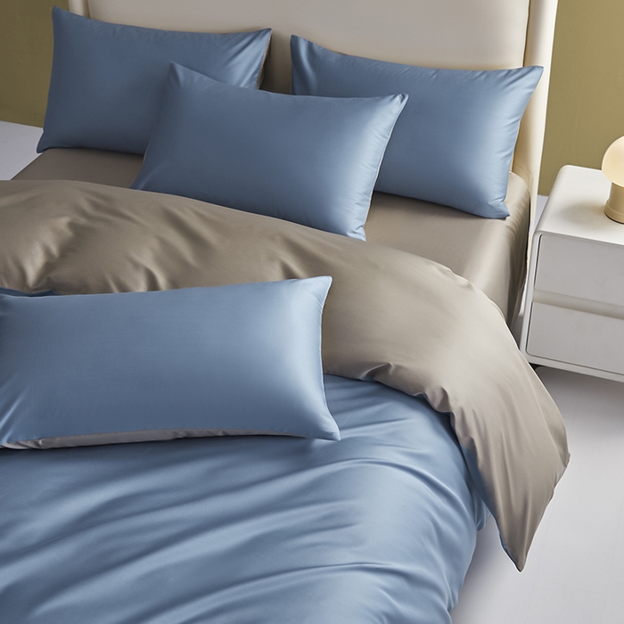 91家纺网 家纺一手货源 找家纺 洽想家 2025新款纯色双拼80支长绒棉四件套 风景蓝+冰灿银-