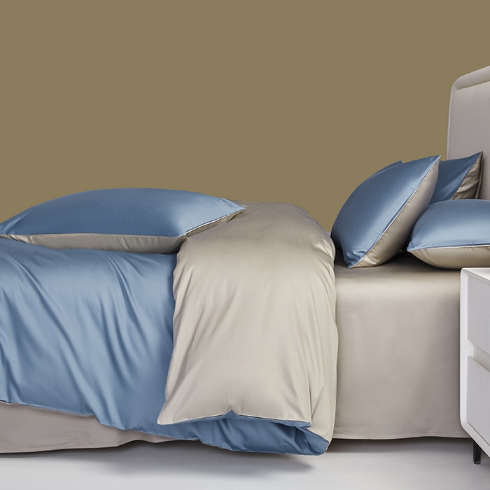 91家纺网 家纺一手货源 找家纺 洽想家 2025新款纯色双拼80支长绒棉四件套 风景蓝+冰灿银-