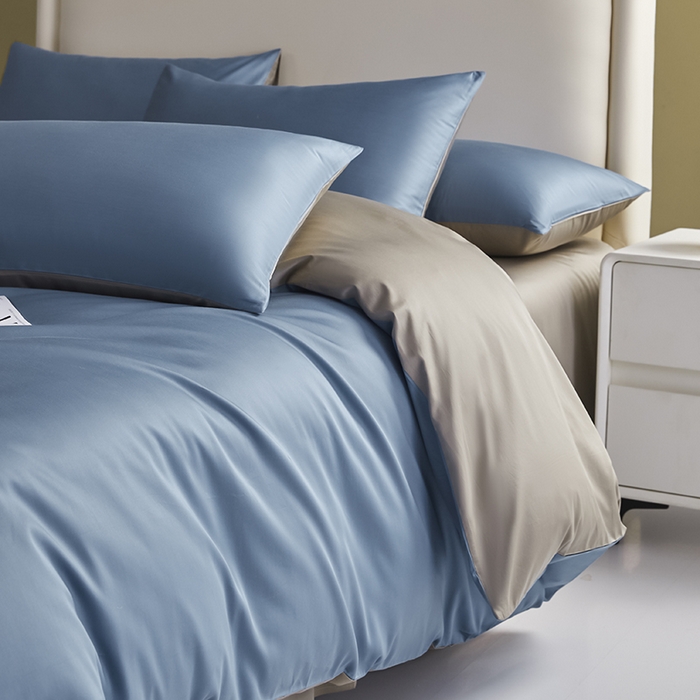 91家纺网 家纺一手货源 找家纺 洽想家 2025新款纯色双拼80支长绒棉四件套 风景蓝+冰灿银-