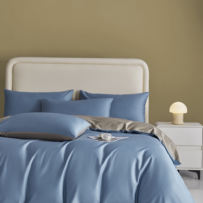 91家纺网 家纺一手货源 找家纺 洽想家 2025新款纯色双拼80支长绒棉四件套 风景蓝+冰灿银-