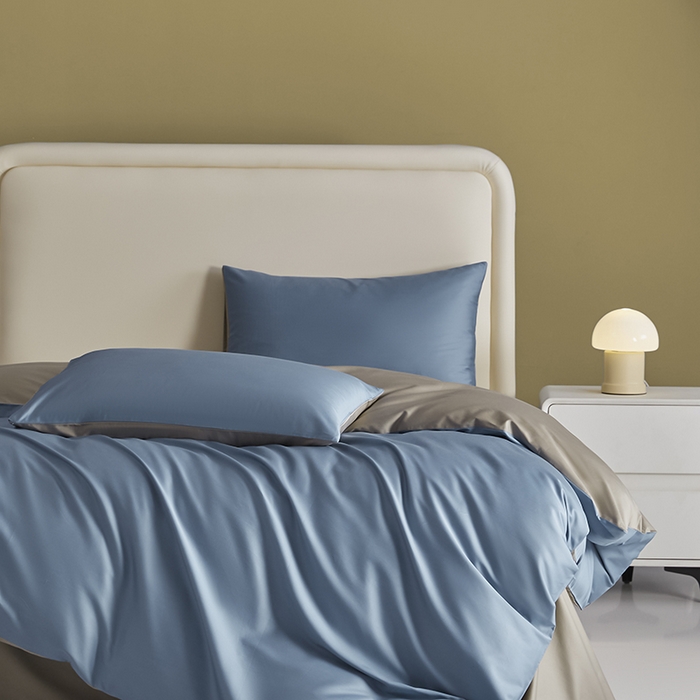 91家纺网 家纺一手货源 找家纺 洽想家 2025新款纯色双拼80支长绒棉四件套 风景蓝+冰灿银-