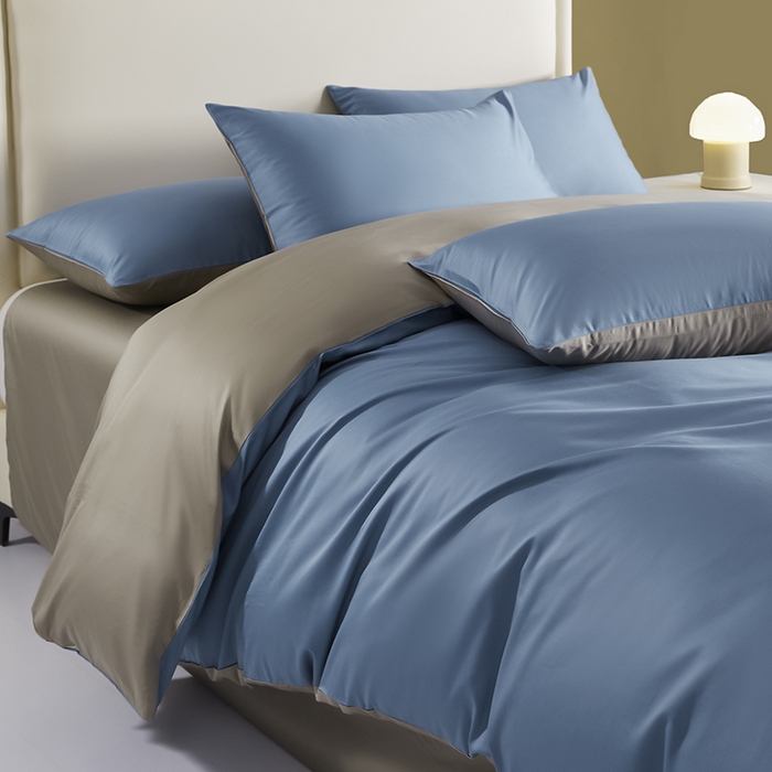 91家纺网 家纺一手货源 找家纺 洽想家 2025新款纯色双拼80支长绒棉四件套 风景蓝+冰灿银-