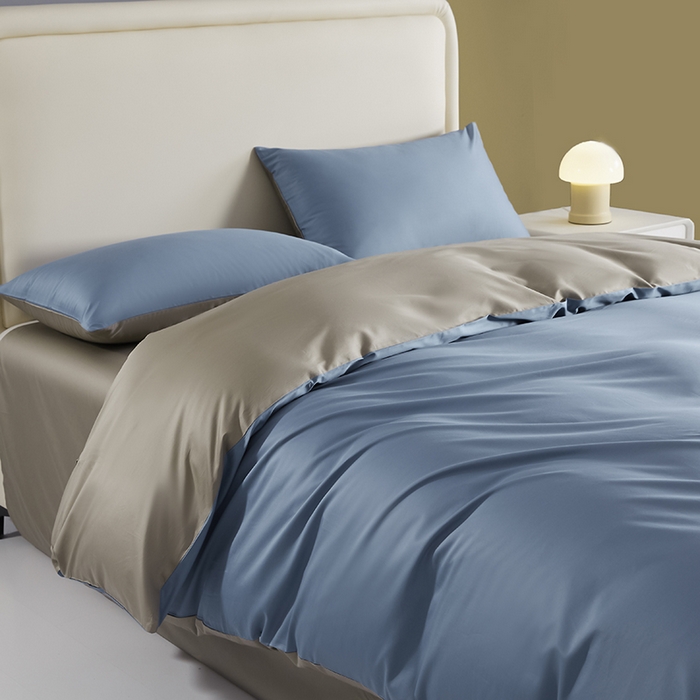 91家纺网 家纺一手货源 找家纺 洽想家 2025新款纯色双拼80支长绒棉四件套 风景蓝+冰灿银-