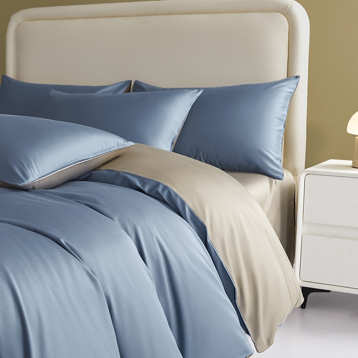 91家纺网 家纺一手货源 找家纺 洽想家 2025新款纯色双拼80支长绒棉四件套 风景蓝+冰灿银-