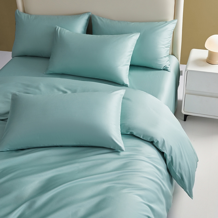 91家纺网 家纺一手货源 找家纺 洽想家 2025新款纯色双拼80支长绒棉四件套 风铃绿-