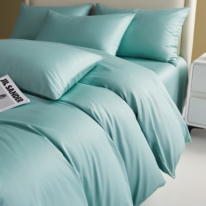 91家纺网 家纺一手货源 找家纺 洽想家 2025新款纯色双拼80支长绒棉四件套 风铃绿-