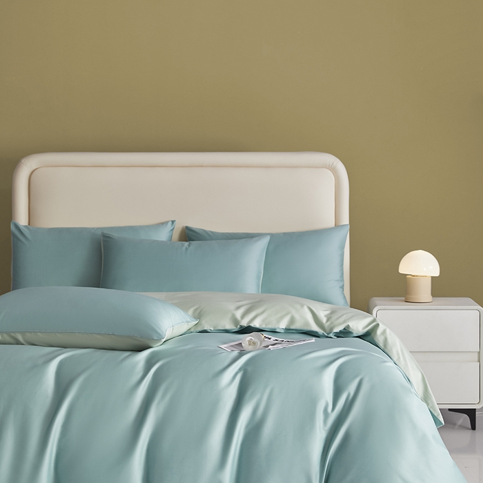 91家纺网 家纺一手货源 找家纺 洽想家 2025新款纯色双拼80支长绒棉四件套 风铃绿+艾草绿-