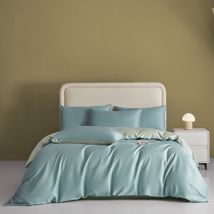 91家纺网 家纺一手货源 找家纺 洽想家 2025新款纯色双拼80支长绒棉四件套 风铃绿+艾草绿-