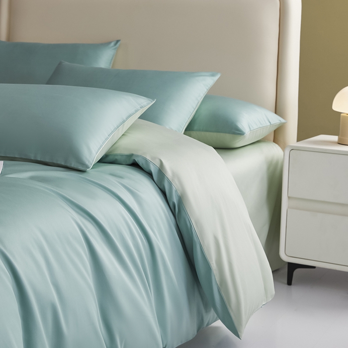 91家纺网 家纺一手货源 找家纺 洽想家 2025新款纯色双拼80支长绒棉四件套 风铃绿+艾草绿-