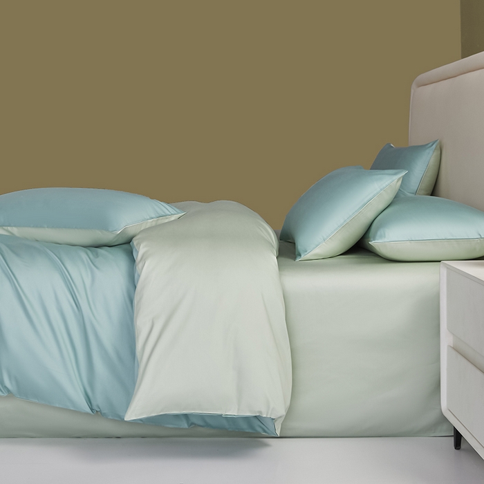 91家纺网 家纺一手货源 找家纺 洽想家 2025新款纯色双拼80支长绒棉四件套 风铃绿+艾草绿-