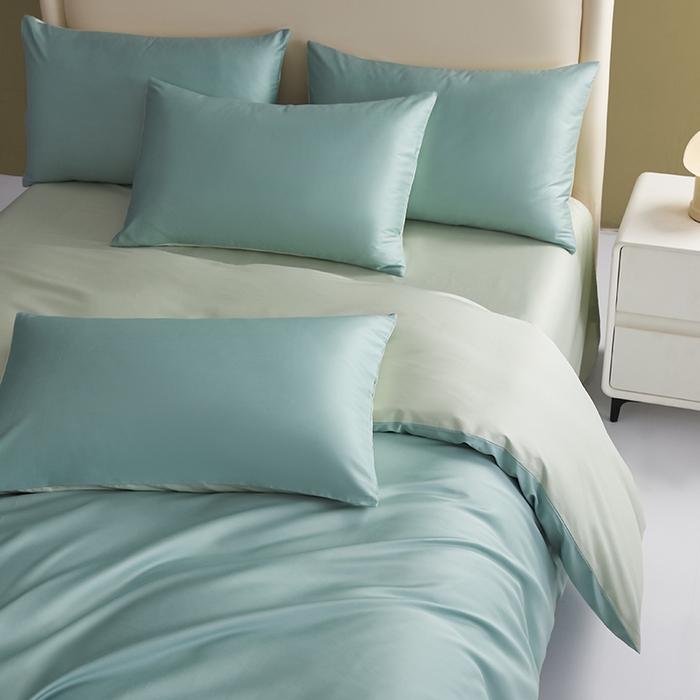 91家纺网 家纺一手货源 找家纺 洽想家 2025新款纯色双拼80支长绒棉四件套 风铃绿+艾草绿-