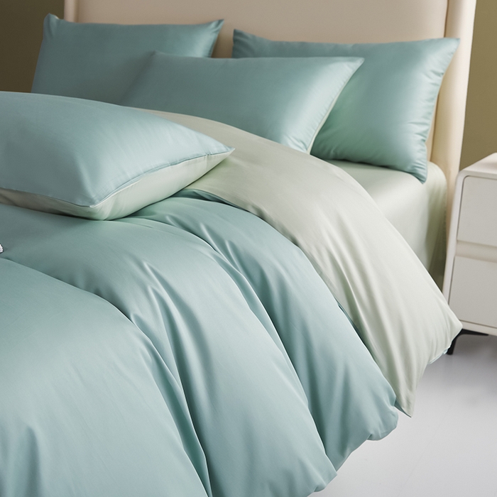 91家纺网 家纺一手货源 找家纺 洽想家 2025新款纯色双拼80支长绒棉四件套 风铃绿+艾草绿-