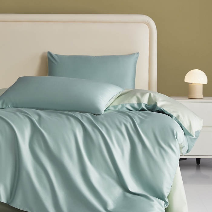 91家纺网 家纺一手货源 找家纺 洽想家 2025新款纯色双拼80支长绒棉四件套 风铃绿+艾草绿-