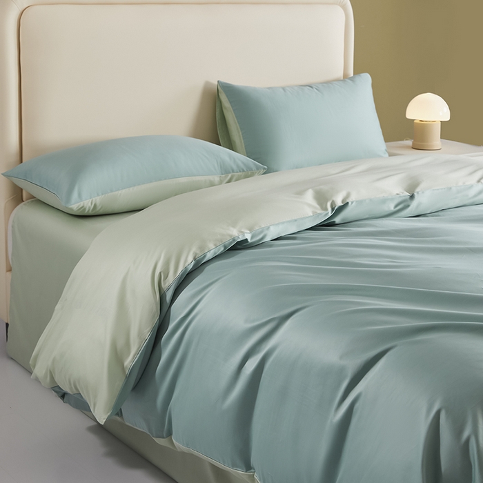 91家纺网 家纺一手货源 找家纺 洽想家 2025新款纯色双拼80支长绒棉四件套 风铃绿+艾草绿-