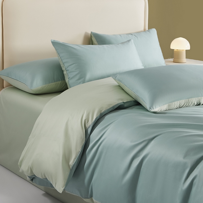 91家纺网 家纺一手货源 找家纺 洽想家 2025新款纯色双拼80支长绒棉四件套 风铃绿+艾草绿-