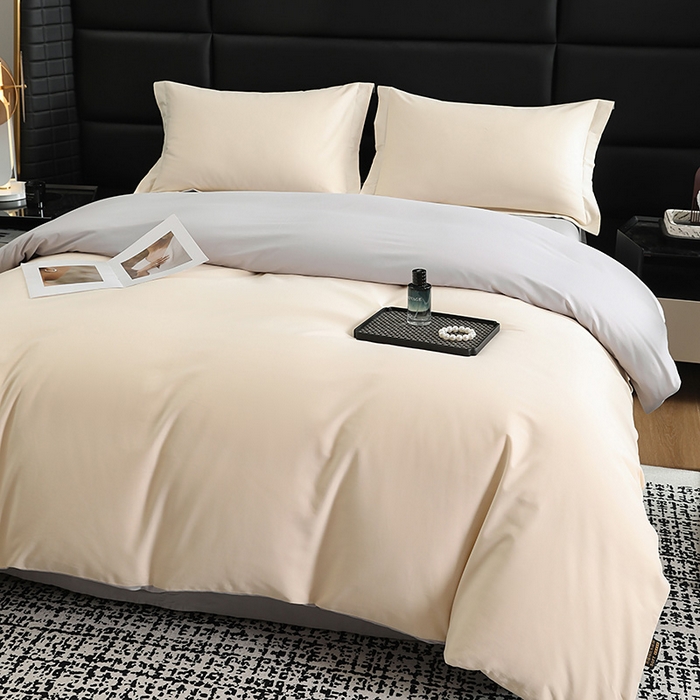 91家纺网 家纺一手货源 找家纺 洽想家 2025新款全棉磨毛纯色四件套 可可棕拼芝麻灰