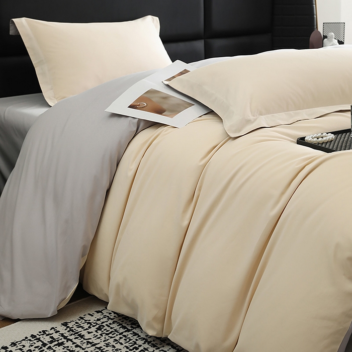 91家纺网 家纺一手货源 找家纺 洽想家 2025新款全棉磨毛纯色四件套 可可棕拼芝麻灰