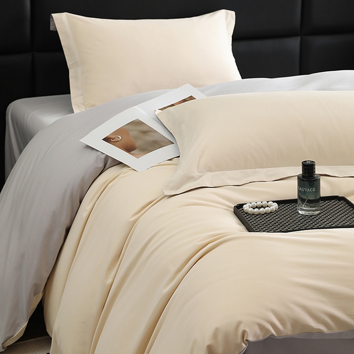 91家纺网 家纺一手货源 找家纺 洽想家 2025新款全棉磨毛纯色四件套 可可棕拼芝麻灰