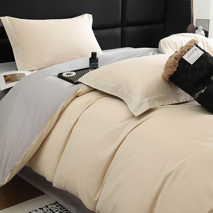 91家纺网 家纺一手货源 找家纺 洽想家 2025新款全棉磨毛纯色四件套 可可棕拼芝麻灰