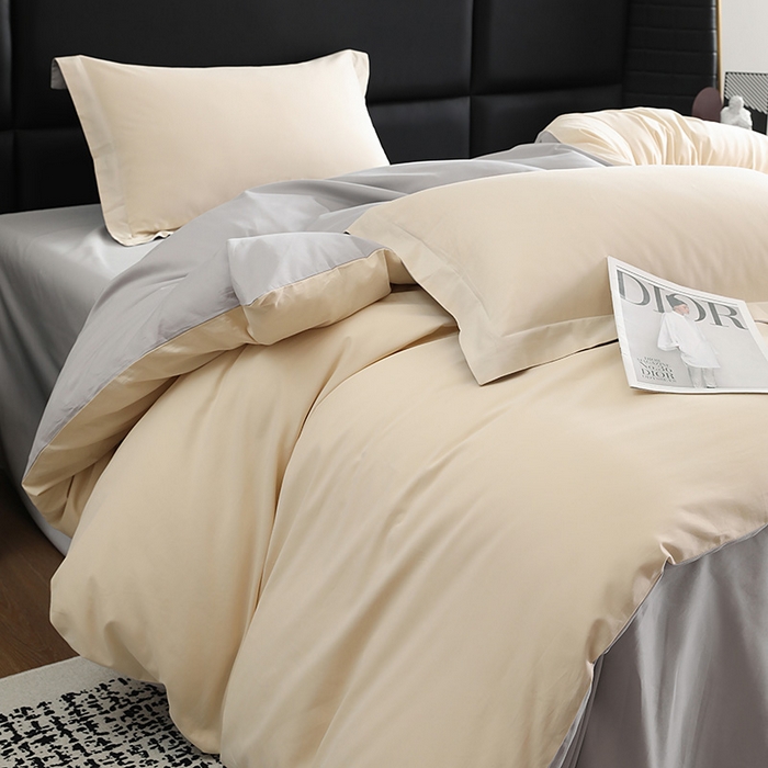 91家纺网 家纺一手货源 找家纺 洽想家 2025新款全棉磨毛纯色四件套 可可棕拼芝麻灰