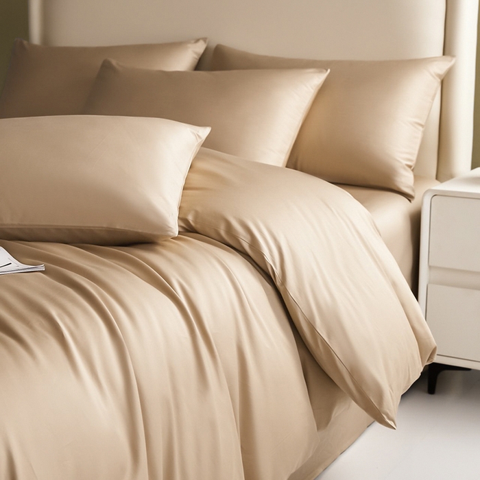 91家纺网 家纺一手货源 找家纺 洽想家 2025新款纯色双拼80支长绒棉四件套 卡其-