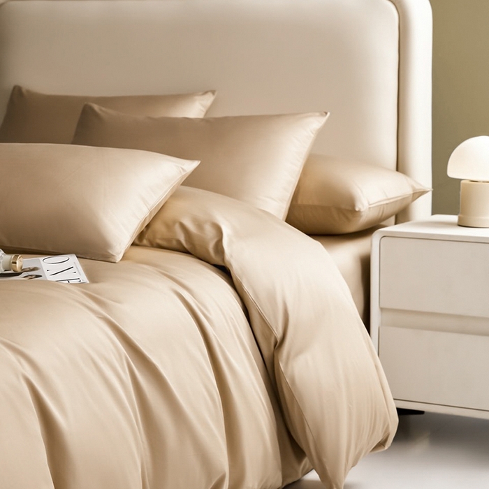 91家纺网 家纺一手货源 找家纺 洽想家 2025新款纯色双拼80支长绒棉四件套 卡其-