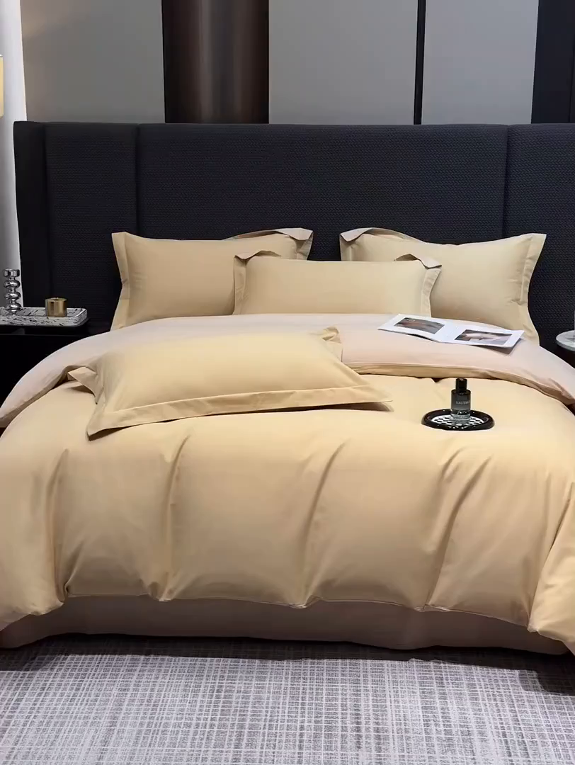 91家纺网 家纺一手货源 找家纺 洽想家 2025新款全棉磨毛纯色四件套 芒果黄巧克力