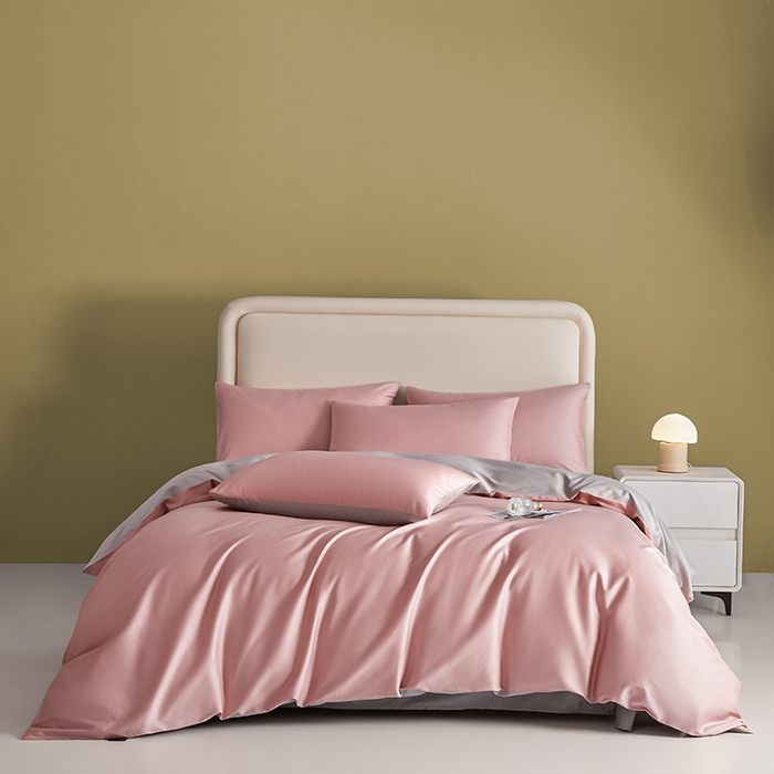 91家纺网 家纺一手货源 找家纺 洽想家 2025新款纯色双拼80支长绒棉四件套 藕粉+奥丁灰-