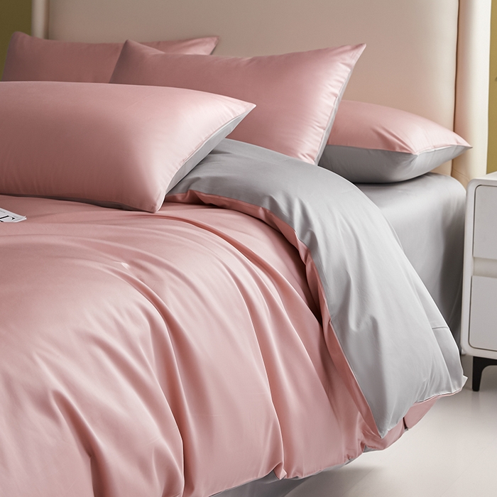 91家纺网 家纺一手货源 找家纺 洽想家 2025新款纯色双拼80支长绒棉四件套 藕粉+奥丁灰-