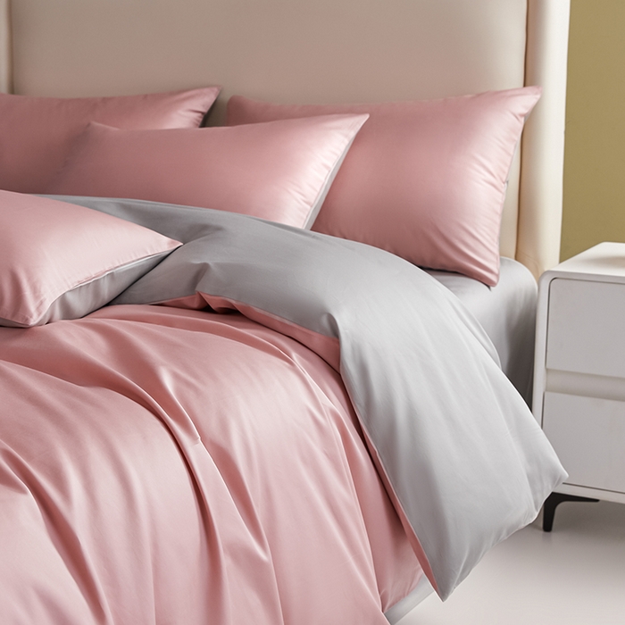 91家纺网 家纺一手货源 找家纺 洽想家 2025新款纯色双拼80支长绒棉四件套 藕粉+奥丁灰-