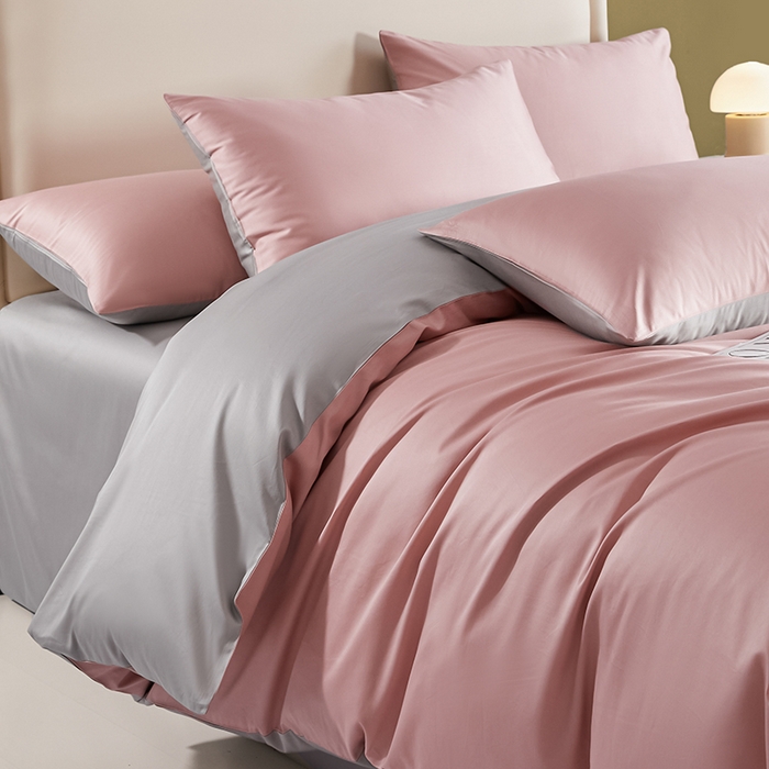 91家纺网 家纺一手货源 找家纺 洽想家 2025新款纯色双拼80支长绒棉四件套 藕粉+奥丁灰-