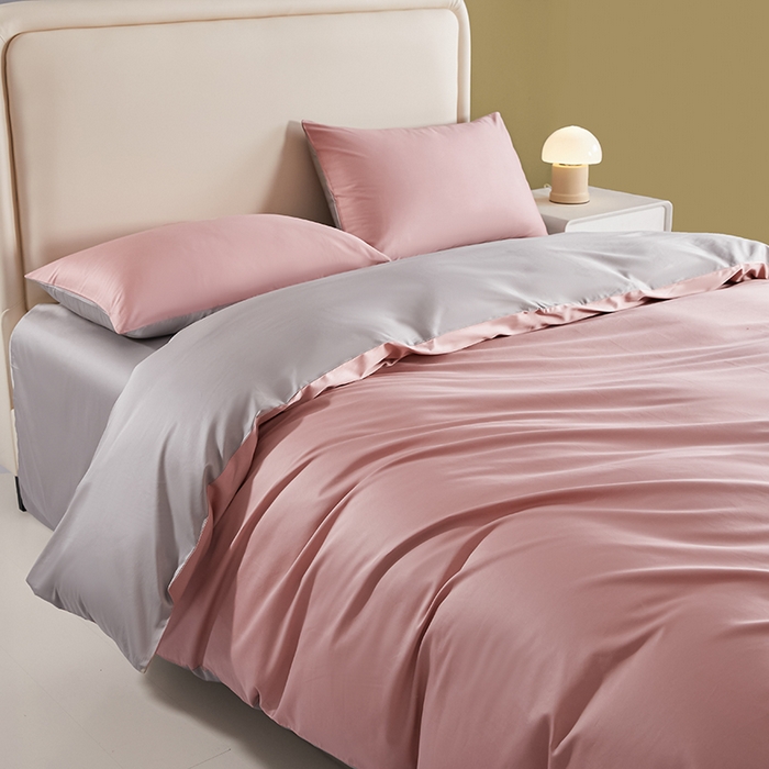 91家纺网 家纺一手货源 找家纺 洽想家 2025新款纯色双拼80支长绒棉四件套 藕粉+奥丁灰-