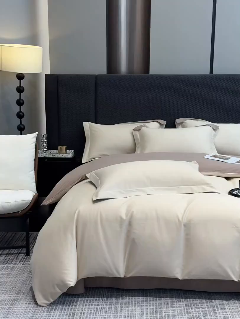 91家纺网 家纺一手货源 找家纺 洽想家 2025新款全棉磨毛纯色四件套 奶芋色绒丝拿铁