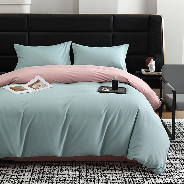 91家纺网 家纺一手货源 找家纺 洽想家 2025新款全棉磨毛纯色四件套 森林绿拼藕粉