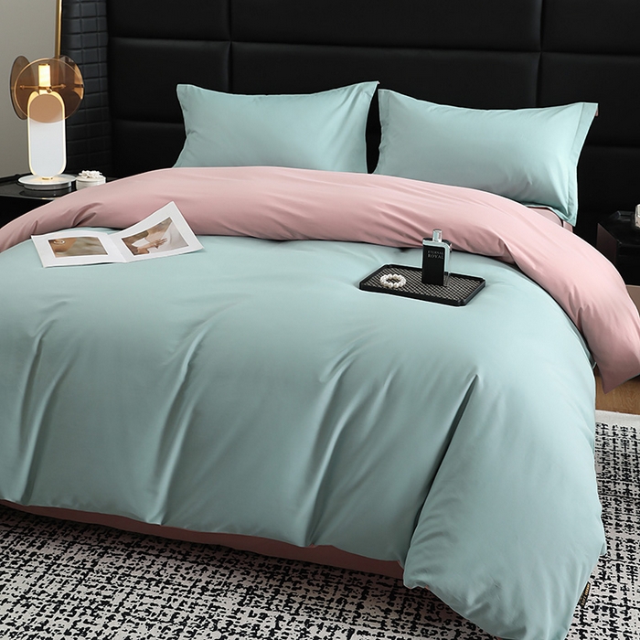 91家纺网 家纺一手货源 找家纺 洽想家 2025新款全棉磨毛纯色四件套 森林绿拼藕粉