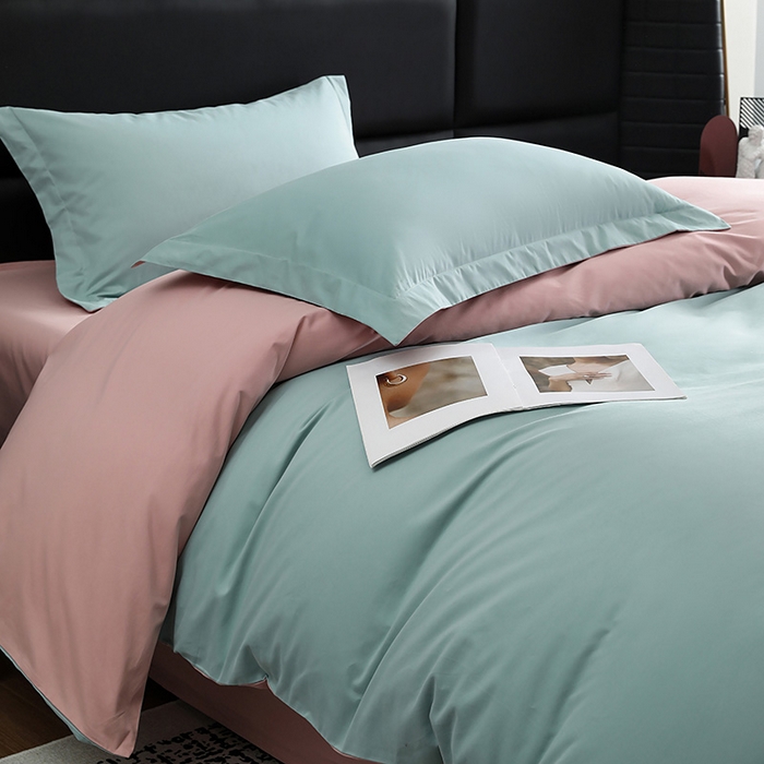 91家纺网 家纺一手货源 找家纺 洽想家 2025新款全棉磨毛纯色四件套 森林绿拼藕粉