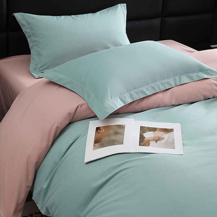 91家纺网 家纺一手货源 找家纺 洽想家 2025新款全棉磨毛纯色四件套 森林绿拼藕粉