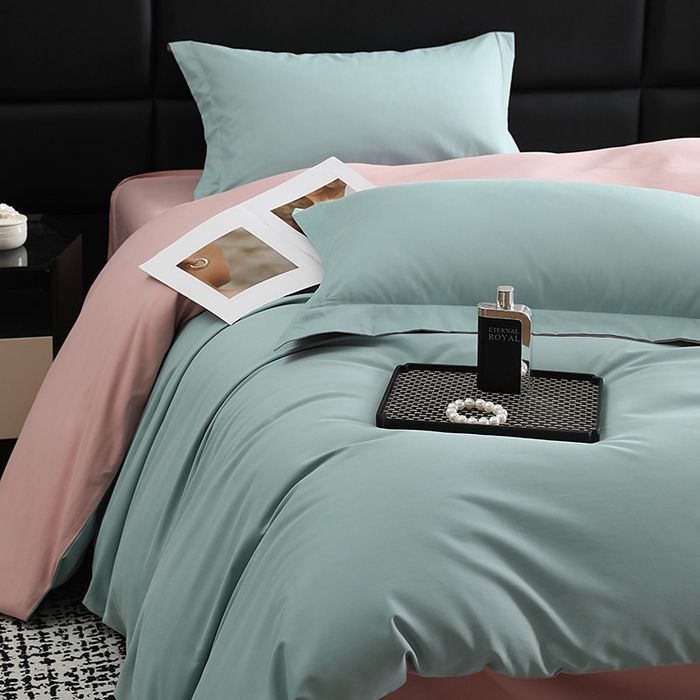 91家纺网 家纺一手货源 找家纺 洽想家 2025新款全棉磨毛纯色四件套 森林绿拼藕粉