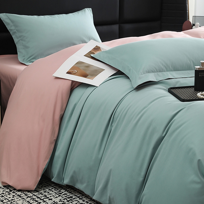 91家纺网 家纺一手货源 找家纺 洽想家 2025新款全棉磨毛纯色四件套 森林绿拼藕粉