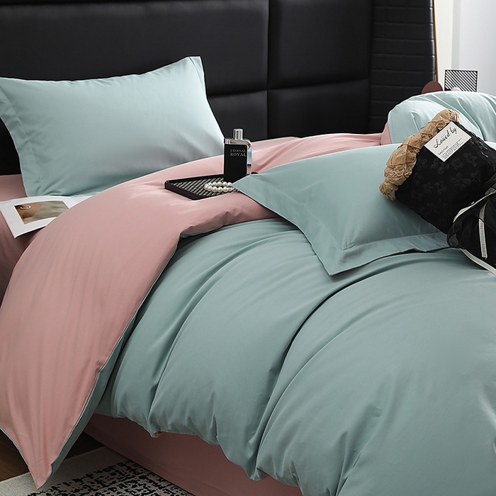 91家纺网 家纺一手货源 找家纺 洽想家 2025新款全棉磨毛纯色四件套 森林绿拼藕粉