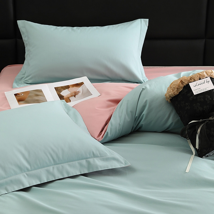 91家纺网 家纺一手货源 找家纺 洽想家 2025新款全棉磨毛纯色四件套 森林绿拼藕粉